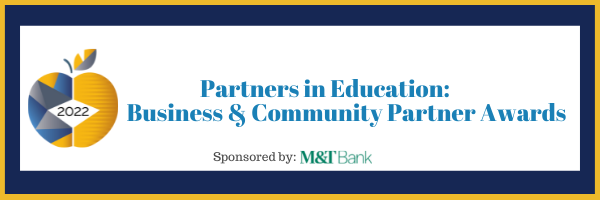 2021 Business&Community Partner of the Year, sponsored by M&T Bank. Blue and Gold Apple logo 2021 Business&Community Partner of the Year, sponsored by M&T Bank. Blue and Gold Apple logo